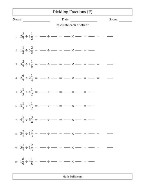The Dividing Two Mixed Fractions with No Simplification (Fillable) (F) Math Worksheet