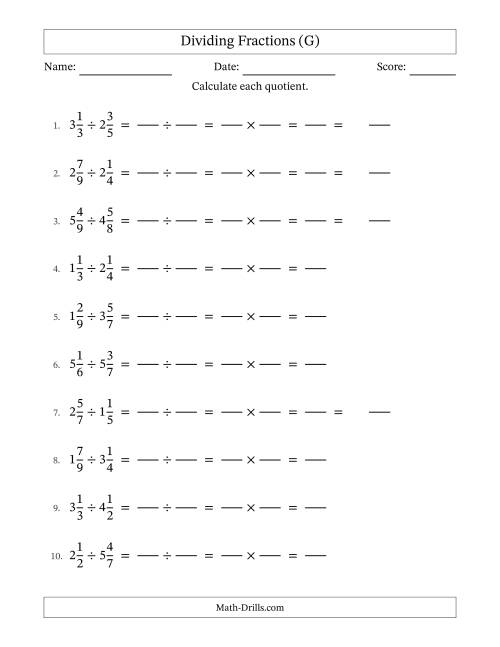 The Dividing Two Mixed Fractions with No Simplification (Fillable) (G) Math Worksheet