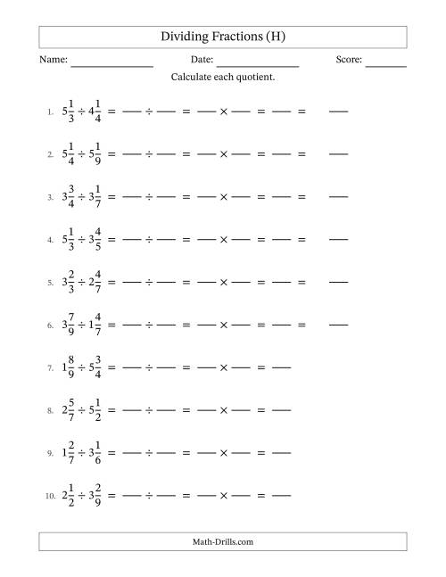 The Dividing Two Mixed Fractions with No Simplification (Fillable) (H) Math Worksheet