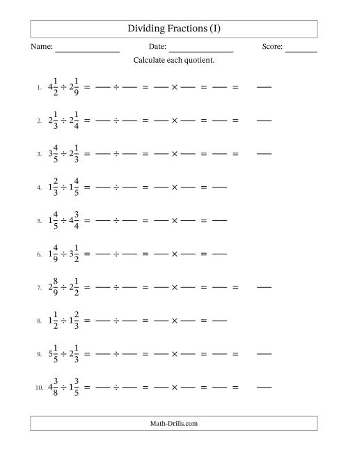 The Dividing Two Mixed Fractions with No Simplification (Fillable) (I) Math Worksheet