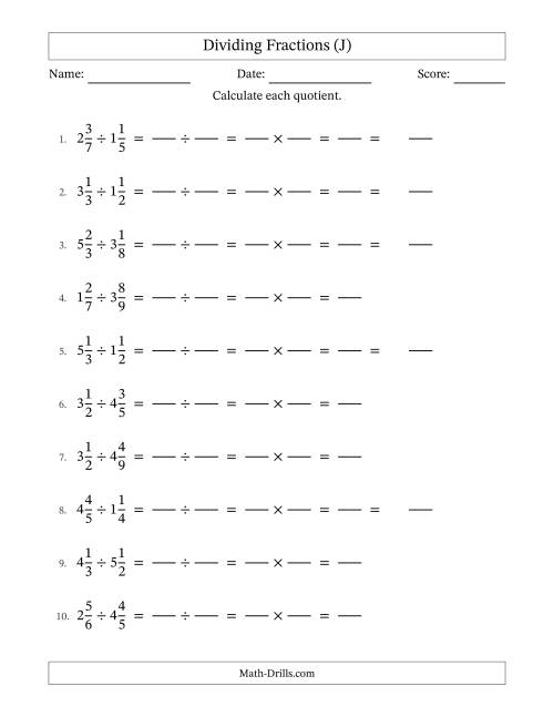 The Dividing Two Mixed Fractions with No Simplification (Fillable) (J) Math Worksheet