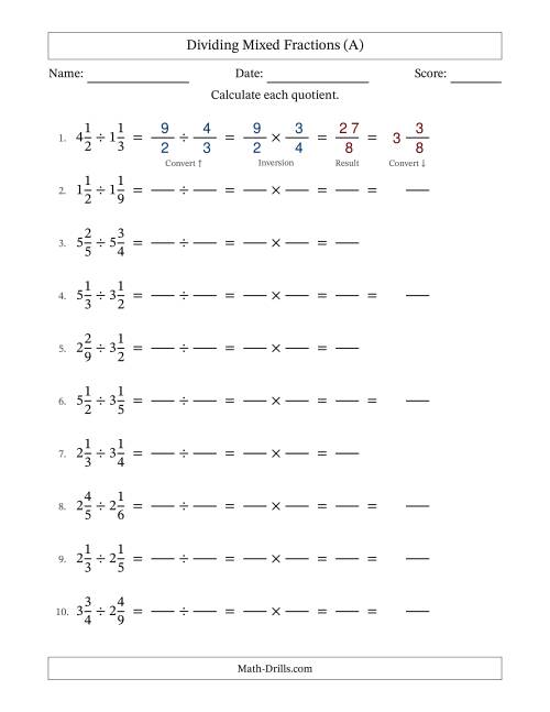 The Dividing Two Mixed Fractions with No Simplifying (Fillable) (All) Math Worksheet
