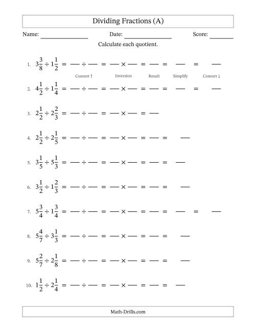 The Dividing Two Mixed Fractions with Some Simplifying (Fillable) (A) Math Worksheet