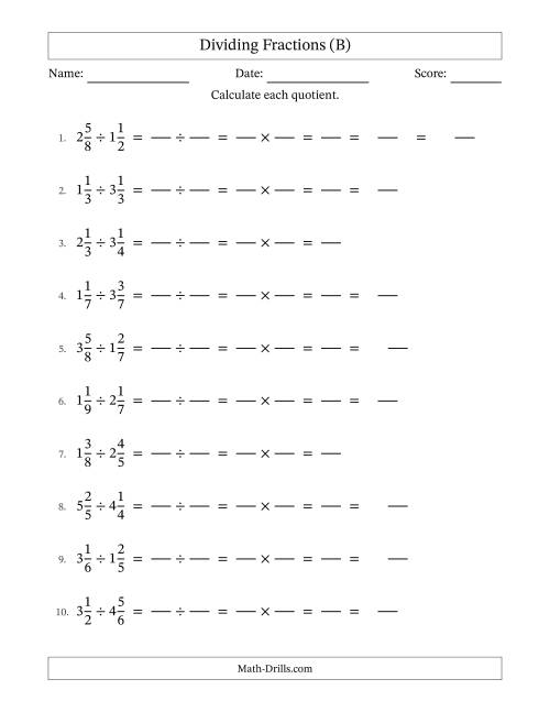 The Dividing Two Mixed Fractions with Some Simplification (Fillable) (B) Math Worksheet