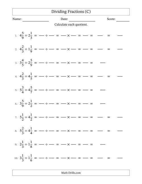 The Dividing Two Mixed Fractions with Some Simplification (Fillable) (C) Math Worksheet