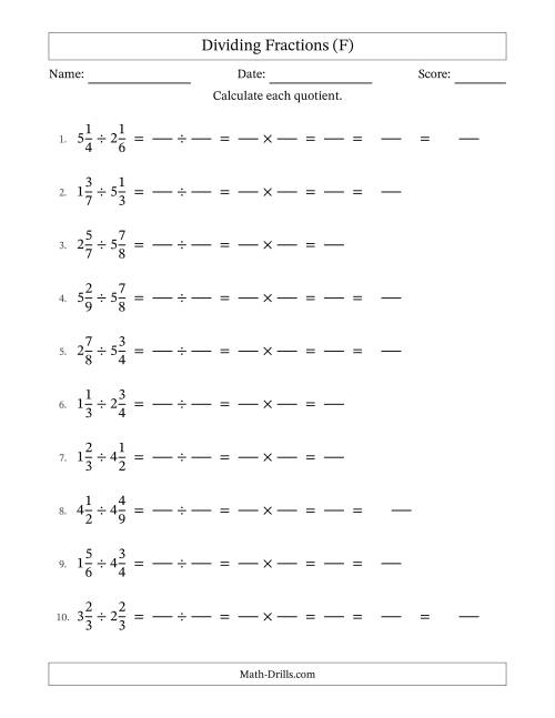 The Dividing Two Mixed Fractions with Some Simplification (Fillable) (F) Math Worksheet