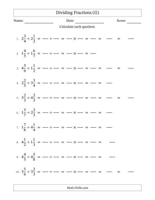 The Dividing Two Mixed Fractions with Some Simplification (Fillable) (G) Math Worksheet