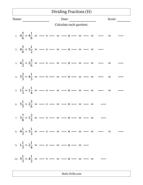 The Dividing Two Mixed Fractions with Some Simplification (Fillable) (H) Math Worksheet