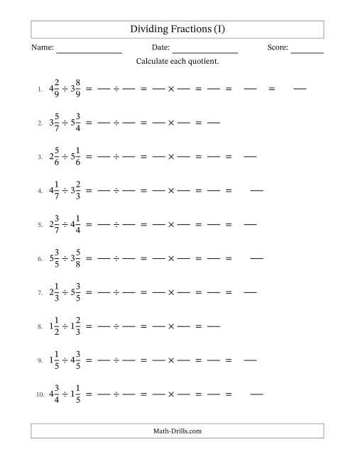 The Dividing Two Mixed Fractions with Some Simplification (Fillable) (I) Math Worksheet