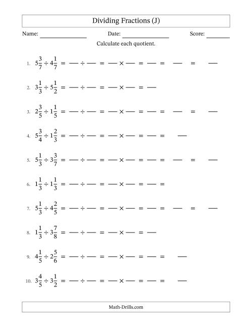 The Dividing Two Mixed Fractions with Some Simplification (Fillable) (J) Math Worksheet