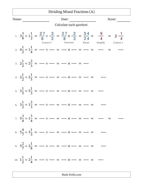The Dividing Two Mixed Fractions with Some Simplifying (Fillable) (All) Math Worksheet