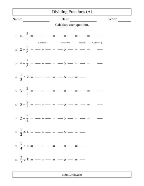 The Dividing Proper Fractions and Whole Numbers with No Simplifying (Fillable) (A) Math Worksheet