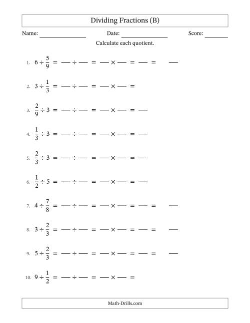The Dividing Proper Fractions and Whole Numbers with No Simplification (Fillable) (B) Math Worksheet