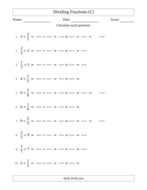 The Dividing Proper Fractions and Whole Numbers with No Simplification (Fillable) (C) Math Worksheet