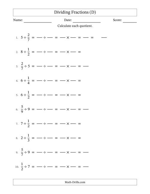 The Dividing Proper Fractions and Whole Numbers with No Simplification (Fillable) (D) Math Worksheet