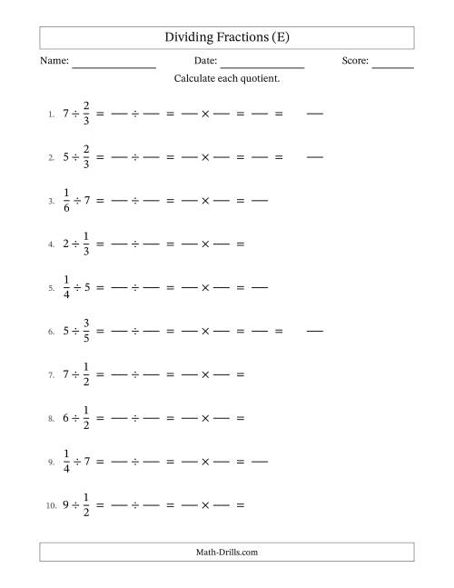 The Dividing Proper Fractions and Whole Numbers with No Simplification (Fillable) (E) Math Worksheet
