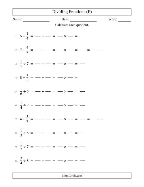 The Dividing Proper Fractions and Whole Numbers with No Simplification (Fillable) (F) Math Worksheet
