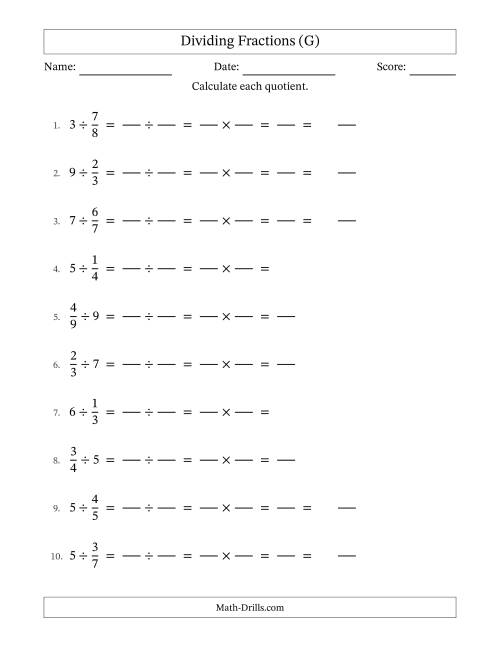 The Dividing Proper Fractions and Whole Numbers with No Simplification (Fillable) (G) Math Worksheet