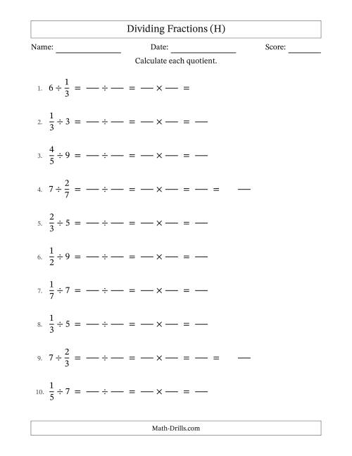 The Dividing Proper Fractions and Whole Numbers with No Simplification (Fillable) (H) Math Worksheet