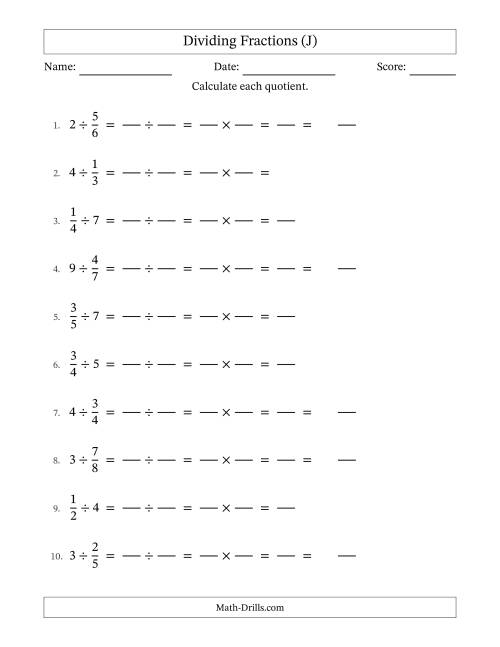 The Dividing Proper Fractions and Whole Numbers with No Simplification (Fillable) (J) Math Worksheet