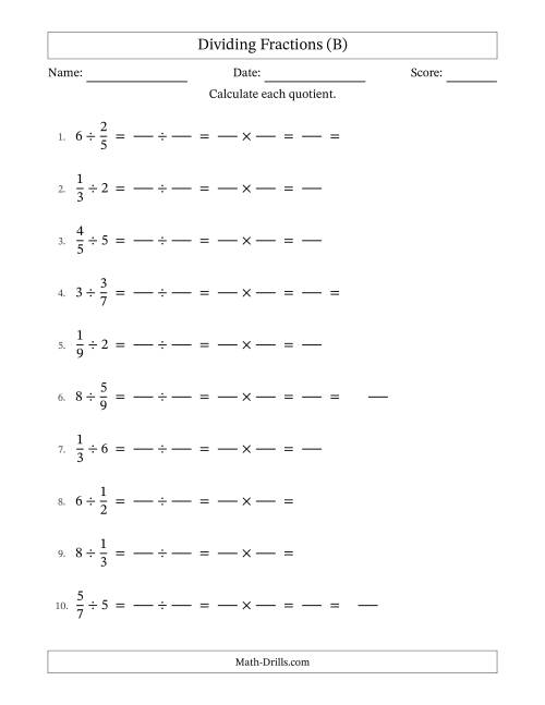 The Dividing Proper Fractions and Whole Numbers with Some Simplification (Fillable) (B) Math Worksheet