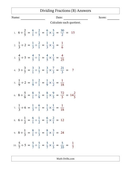 The Dividing Proper Fractions and Whole Numbers with Some Simplification (Fillable) (B) Math Worksheet Page 2