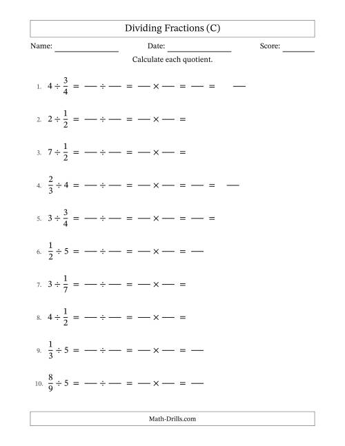 The Dividing Proper Fractions and Whole Numbers with Some Simplification (Fillable) (C) Math Worksheet