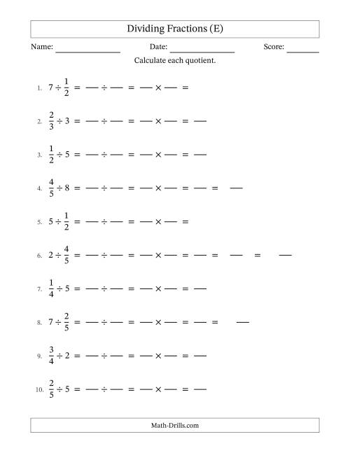 The Dividing Proper Fractions and Whole Numbers with Some Simplification (Fillable) (E) Math Worksheet