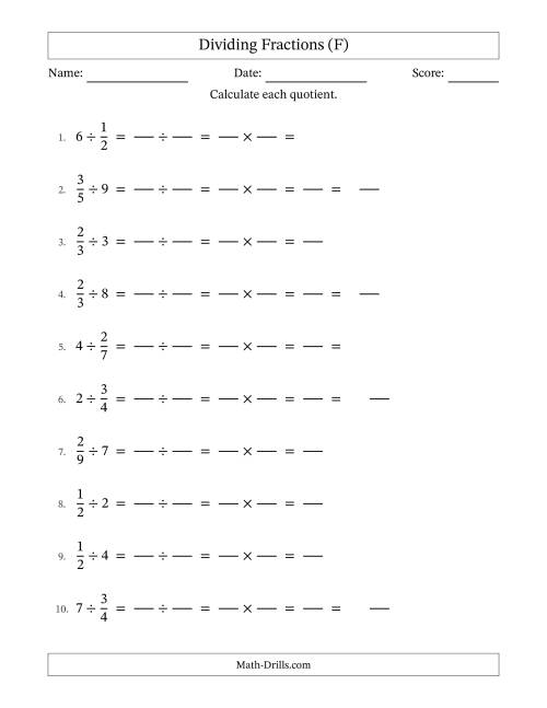 The Dividing Proper Fractions and Whole Numbers with Some Simplification (Fillable) (F) Math Worksheet