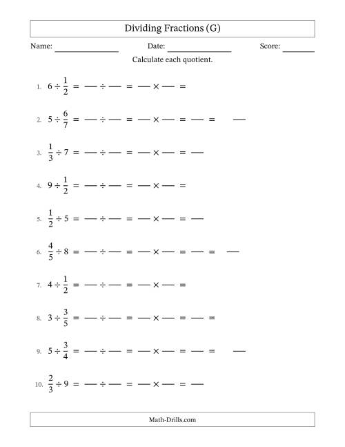 The Dividing Proper Fractions and Whole Numbers with Some Simplification (Fillable) (G) Math Worksheet