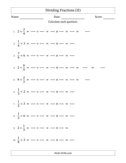 The Dividing Proper Fractions and Whole Numbers with Some Simplification (Fillable) (H) Math Worksheet