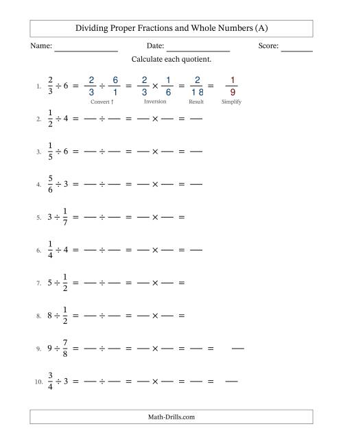 The Dividing Proper Fractions and Whole Numbers with Some Simplifying (Fillable) (All) Math Worksheet