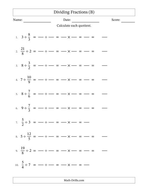 The Dividing Improper Fractions and Whole Numbers with No Simplification (Fillable) (B) Math Worksheet