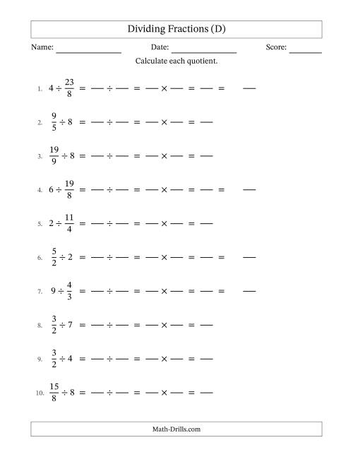 The Dividing Improper Fractions and Whole Numbers with No Simplification (Fillable) (D) Math Worksheet