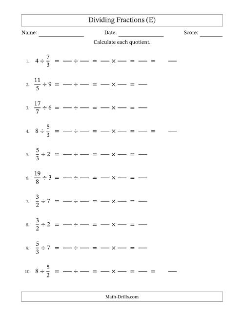 The Dividing Improper Fractions and Whole Numbers with No Simplification (Fillable) (E) Math Worksheet