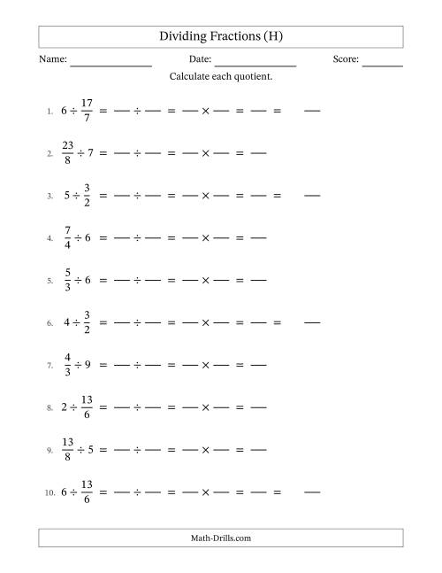 The Dividing Improper Fractions and Whole Numbers with No Simplification (Fillable) (H) Math Worksheet