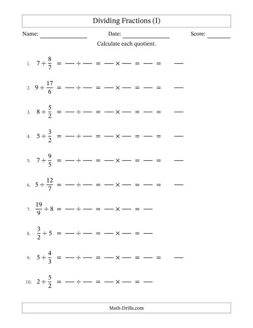 The Dividing Improper Fractions and Whole Numbers with No Simplification (Fillable) (I) Math Worksheet