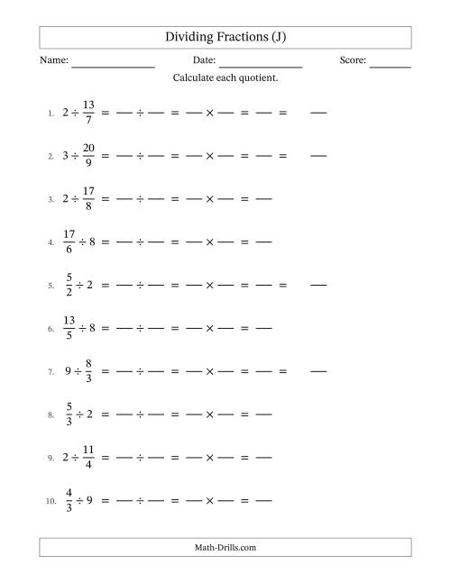 The Dividing Improper Fractions and Whole Numbers with No Simplification (Fillable) (J) Math Worksheet