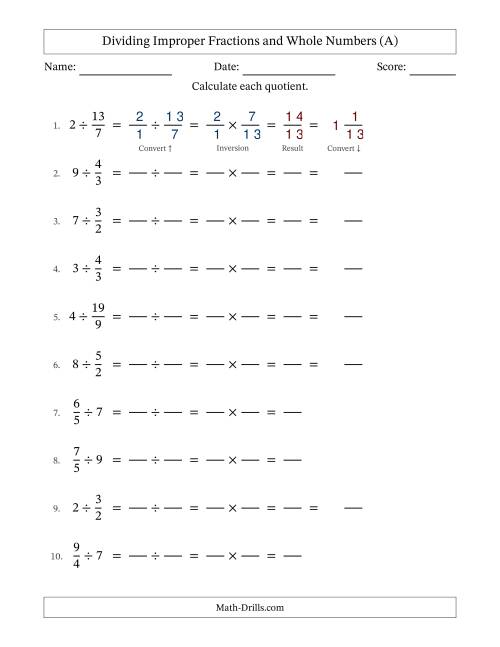 The Dividing Improper Fractions and Whole Numbers with No Simplifying (Fillable) (All) Math Worksheet