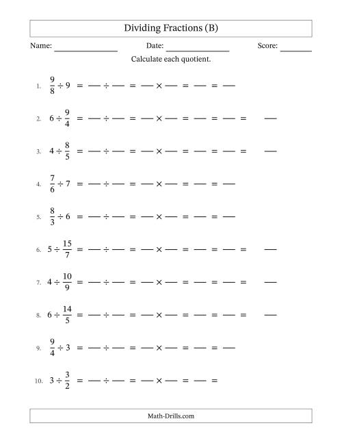 The Dividing Improper Fractions and Whole Numbers with All Simplification (Fillable) (B) Math Worksheet