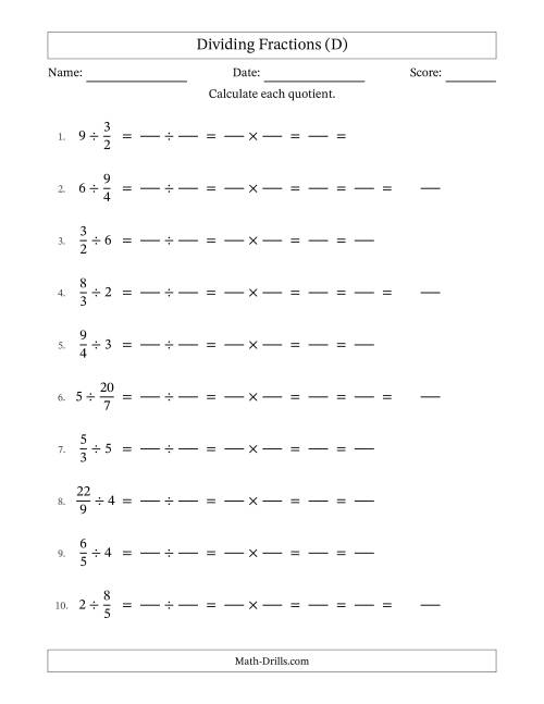 The Dividing Improper Fractions and Whole Numbers with All Simplification (Fillable) (D) Math Worksheet