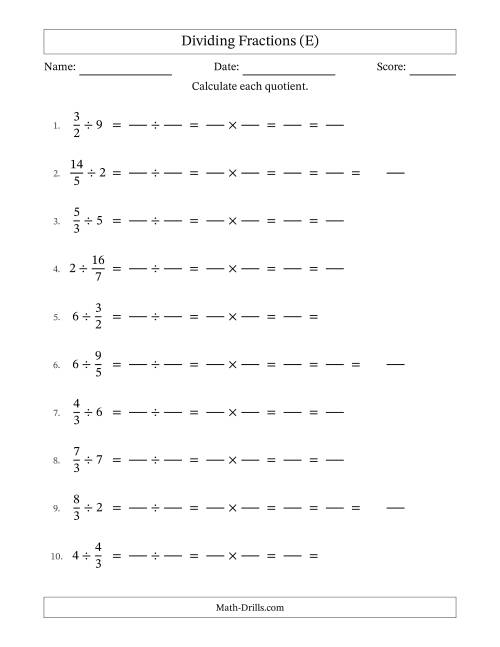 The Dividing Improper Fractions and Whole Numbers with All Simplification (Fillable) (E) Math Worksheet
