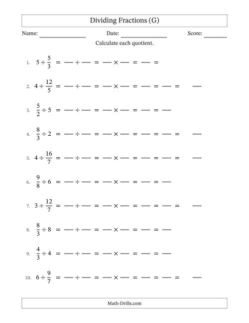 The Dividing Improper Fractions and Whole Numbers with All Simplification (Fillable) (G) Math Worksheet