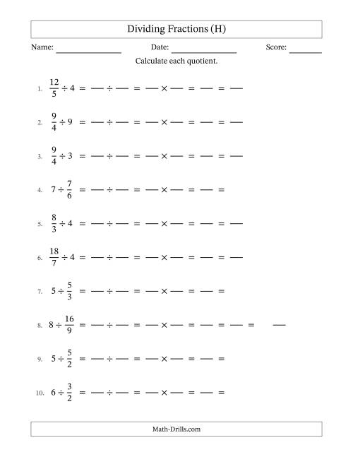The Dividing Improper Fractions and Whole Numbers with All Simplification (Fillable) (H) Math Worksheet