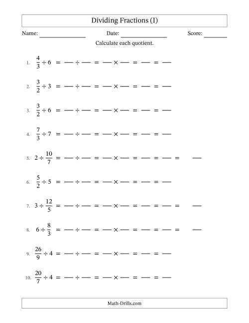 The Dividing Improper Fractions and Whole Numbers with All Simplification (Fillable) (I) Math Worksheet