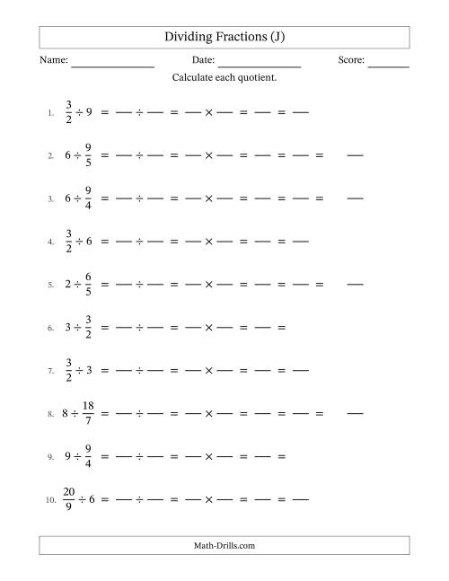 The Dividing Improper Fractions and Whole Numbers with All Simplification (Fillable) (J) Math Worksheet