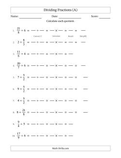 Dividing Improper Fractions and Whole Numbers with Some Simplification (Fillable)