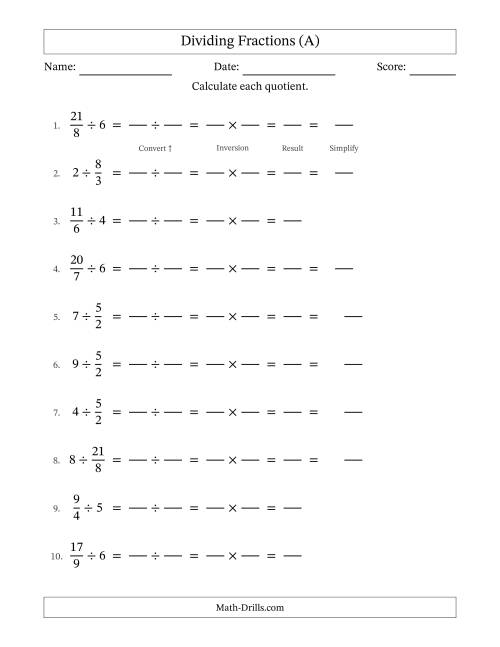 The Dividing Improper Fractions and Whole Numbers with Some Simplifying (Fillable) (A) Math Worksheet