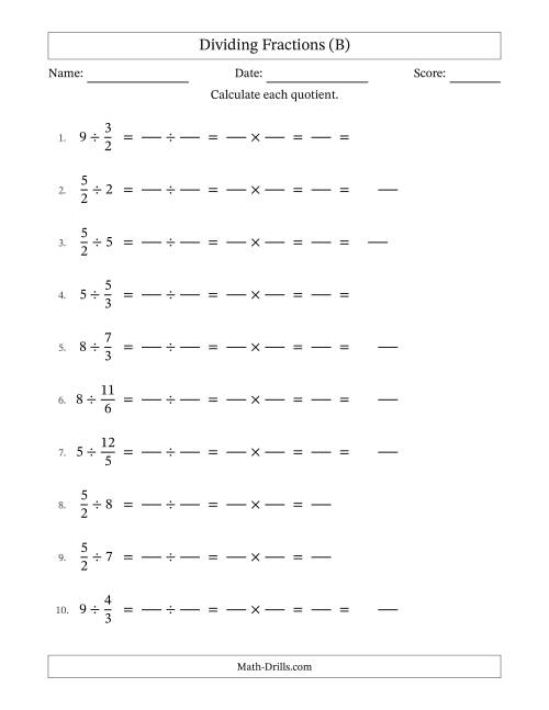The Dividing Improper Fractions and Whole Numbers with Some Simplification (Fillable) (B) Math Worksheet