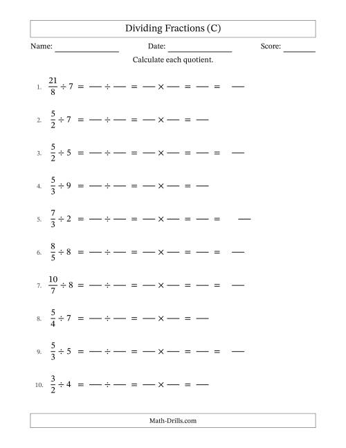 The Dividing Improper Fractions and Whole Numbers with Some Simplification (Fillable) (C) Math Worksheet